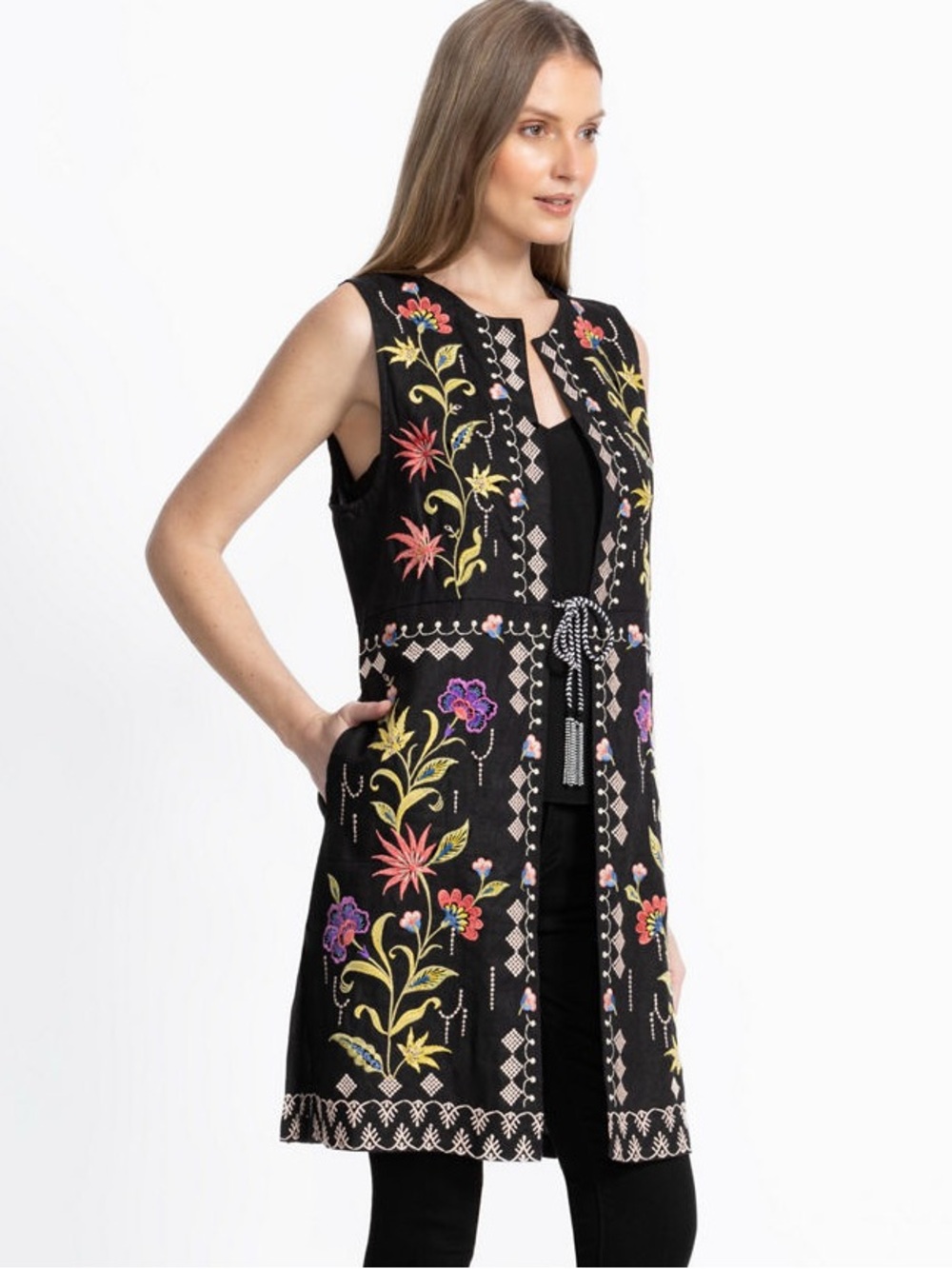 Johnny Was | Embroidered Linen Front Tie Vest, L